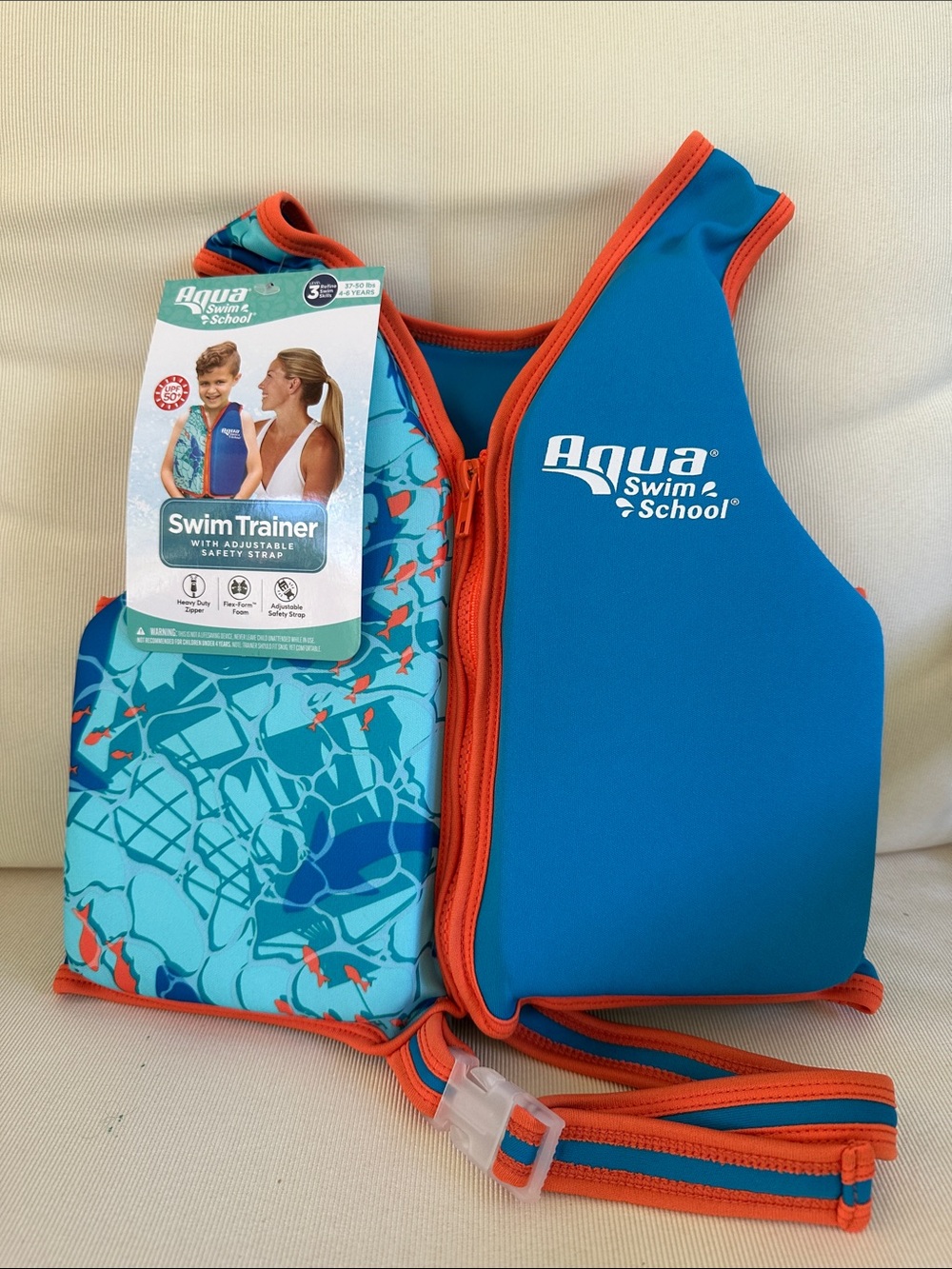 Aqua Swim School Kids' Blue Swim Trainer Vest with Sharks and Orange Trim NWT